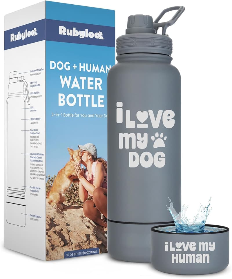 Dog Lover's Insulated Water Bottle with Detachable Bowl - 32 oz