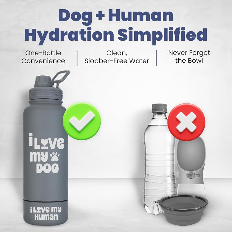 Dog Lover's Insulated Water Bottle with Detachable Bowl - 32 oz