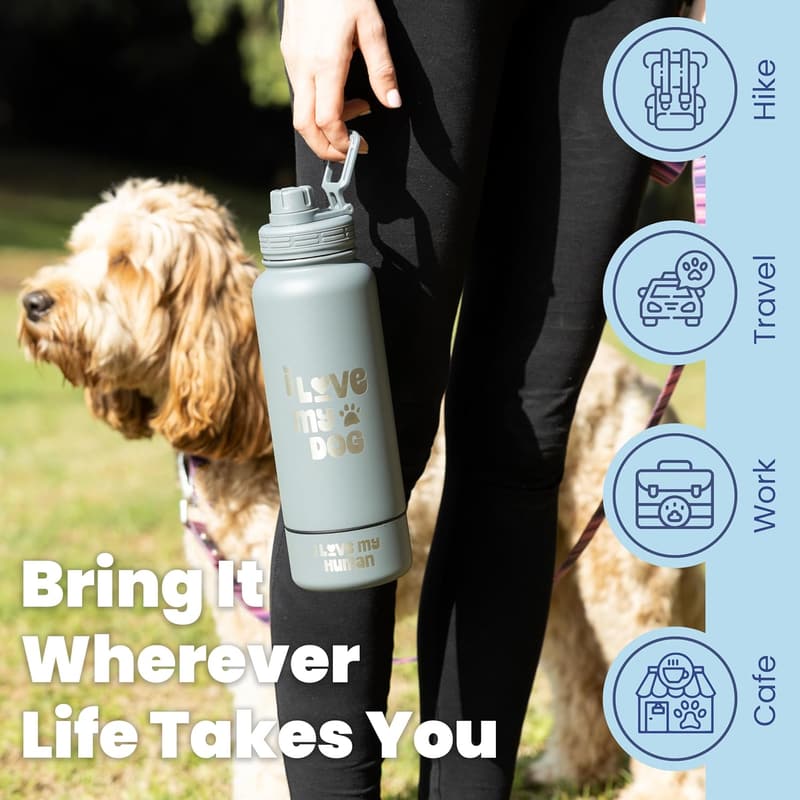 Dog Lover's Insulated Water Bottle with Detachable Bowl - 32 oz