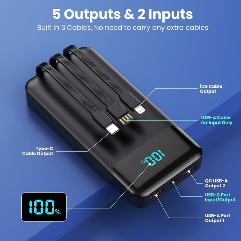 Portable Charger 40800mAh Power Bank with Built-in Cables