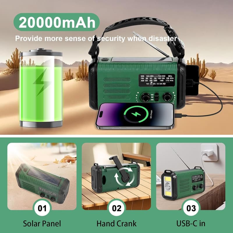 Emergency NOAA Weather Radio with Solar Power & 20000mAh Battery