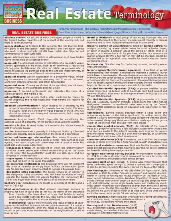 Real Estate Terminology Laminated Quick Reference Guide