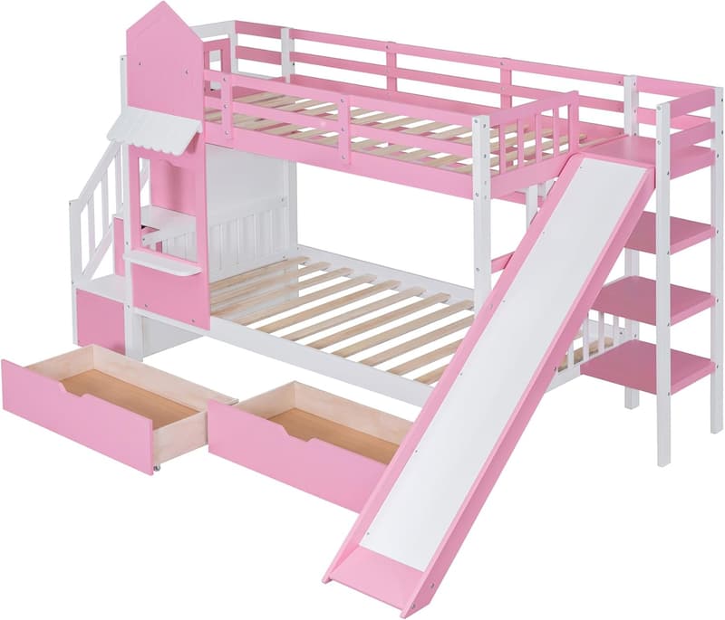 Twin Over Twin Bunk Bed with Slide & Storage - Pink