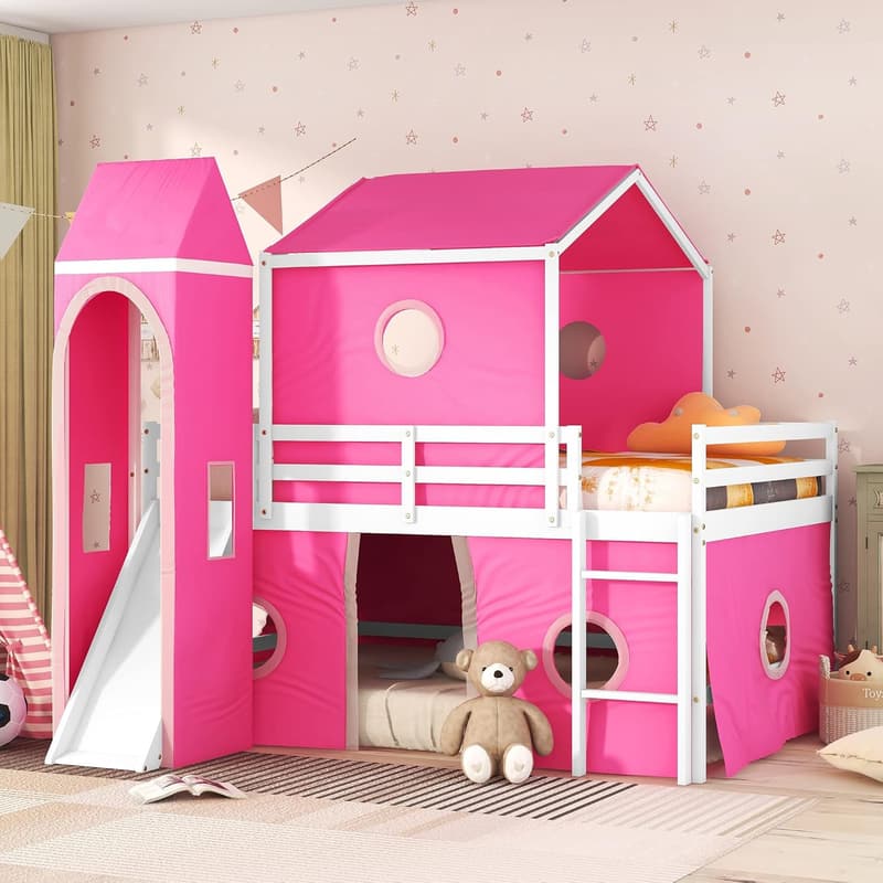 Full-Size Princess Bunk Bed with Slide & Pink Tent