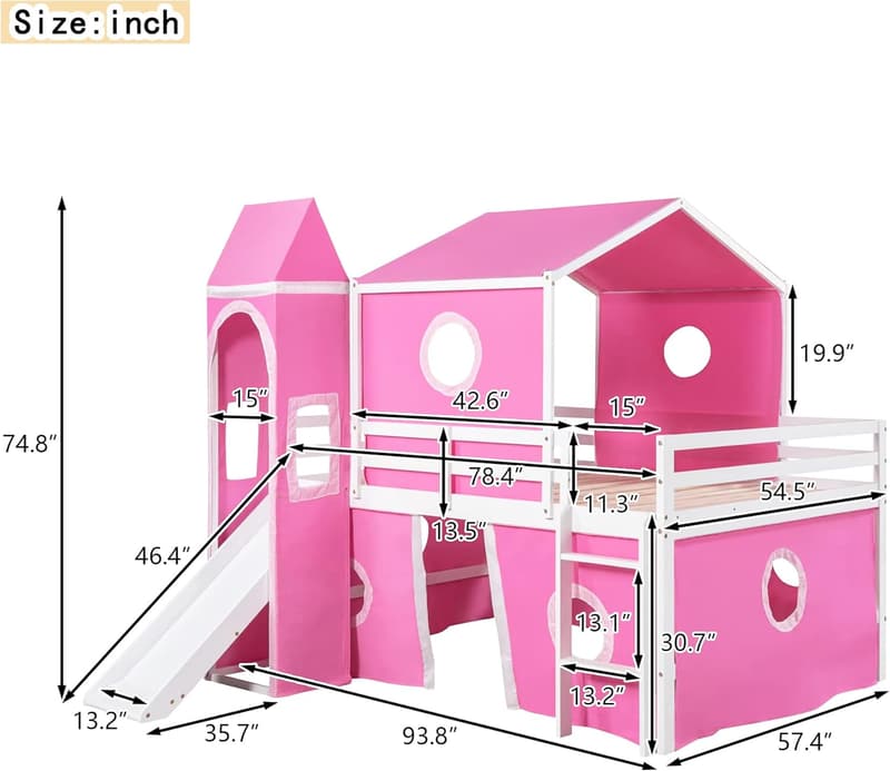 Full-Size Princess Bunk Bed with Slide & Pink Tent