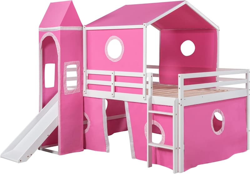 Full-Size Princess Bunk Bed with Slide & Pink Tent