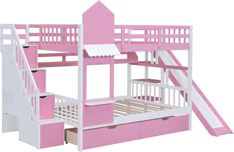 Castle Bunk Bed for Kids with Slide, Storage Staircase & Drawers