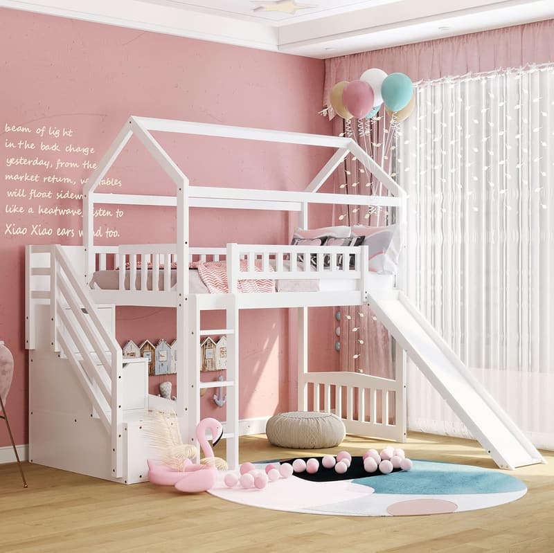 Loft Bunk Bed with Storage and Slide for Kids & Teens