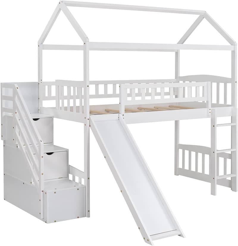 Loft Bunk Bed with Storage and Slide for Kids & Teens