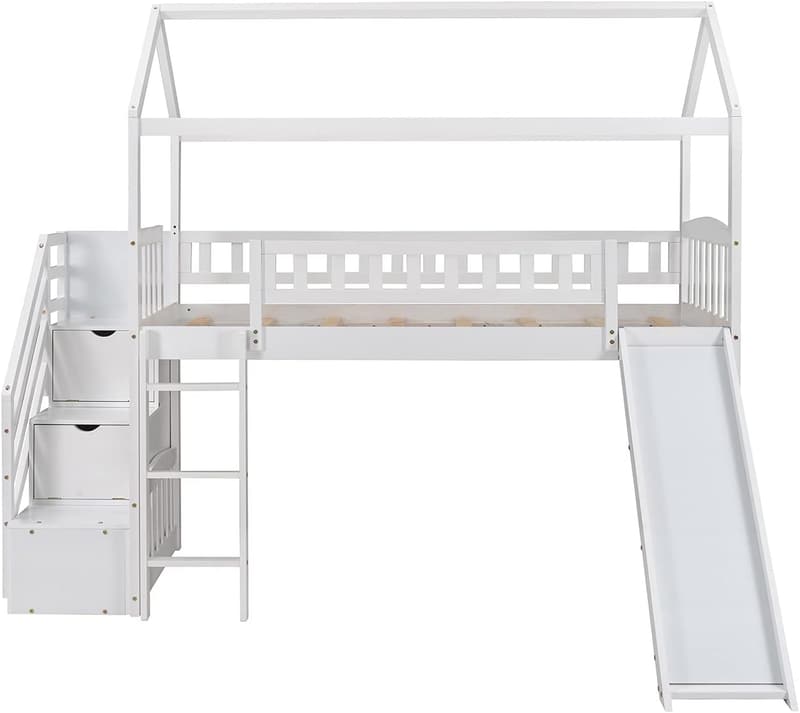 Loft Bunk Bed with Storage and Slide for Kids & Teens