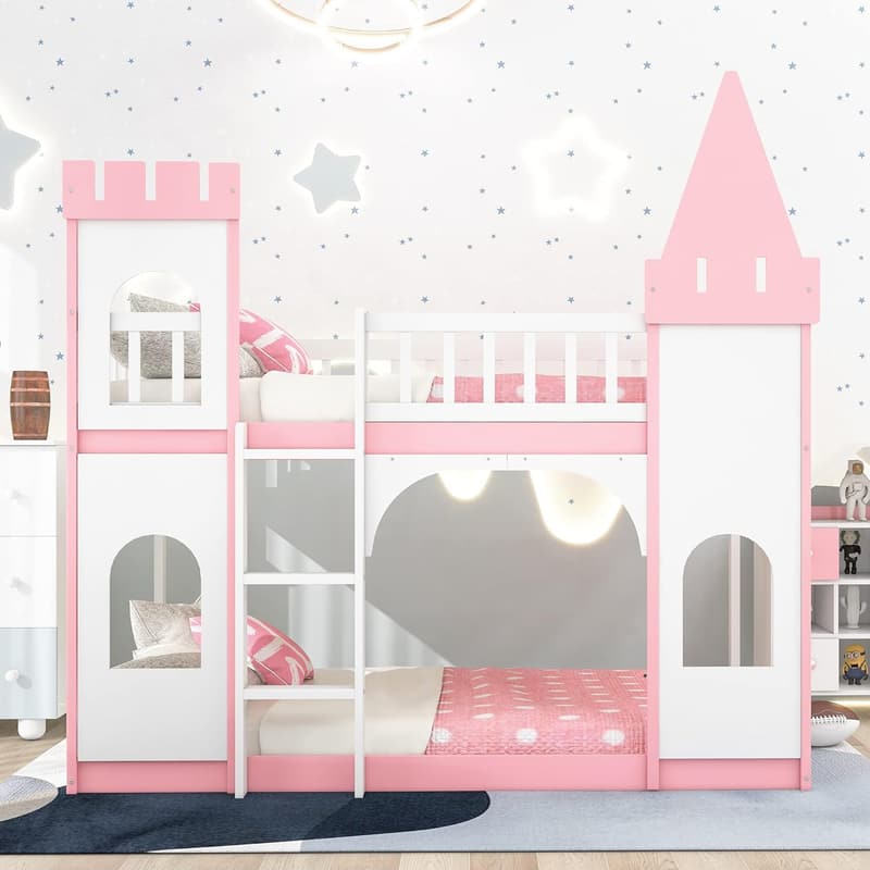 Castle Shaped Twin Loft Bed with Safety Guardrails for Kids