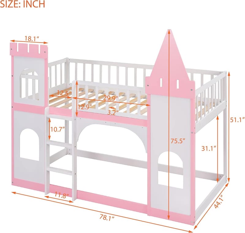 Castle Shaped Twin Loft Bed with Safety Guardrails for Kids