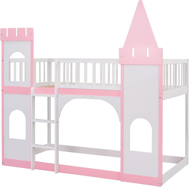 Castle Shaped Twin Loft Bed with Safety Guardrails for Kids