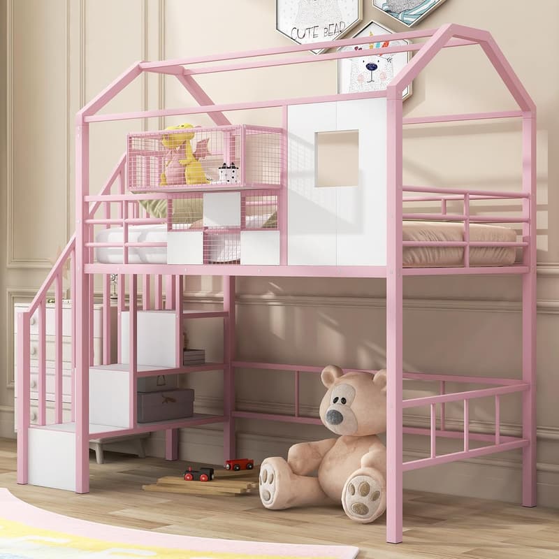 Pink Twin Loft Bed with Stairs, Storage, and Safety Rail for Kids