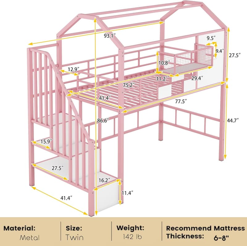 Pink Twin Loft Bed with Stairs, Storage, and Safety Rail for Kids