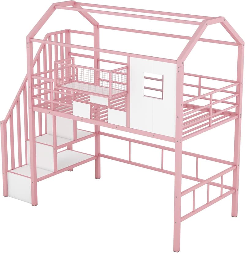 Pink Twin Loft Bed with Stairs, Storage, and Safety Rail for Kids