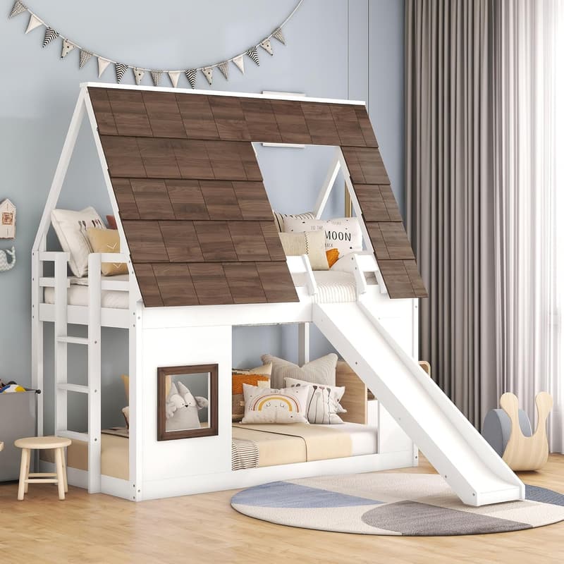 Twin Over Twin House Bunk Bed Frame with Slide and Roof for Kids