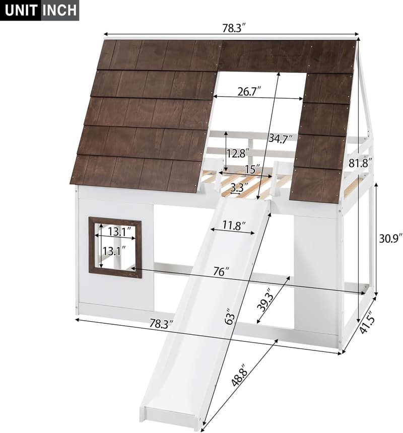 Twin Over Twin House Bunk Bed Frame with Slide and Roof for Kids