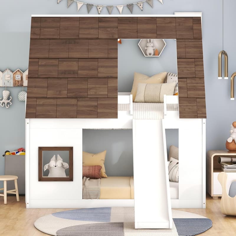 Twin Over Twin House Bunk Bed Frame with Slide and Roof for Kids