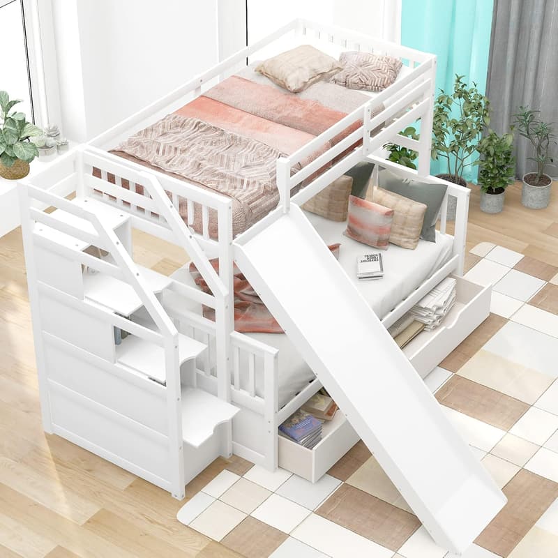 Solid Wood Twin Over Full Bunk Bed with Staircase & Slide