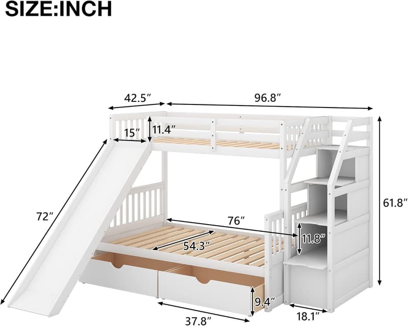 Solid Wood Twin Over Full Bunk Bed with Staircase & Slide