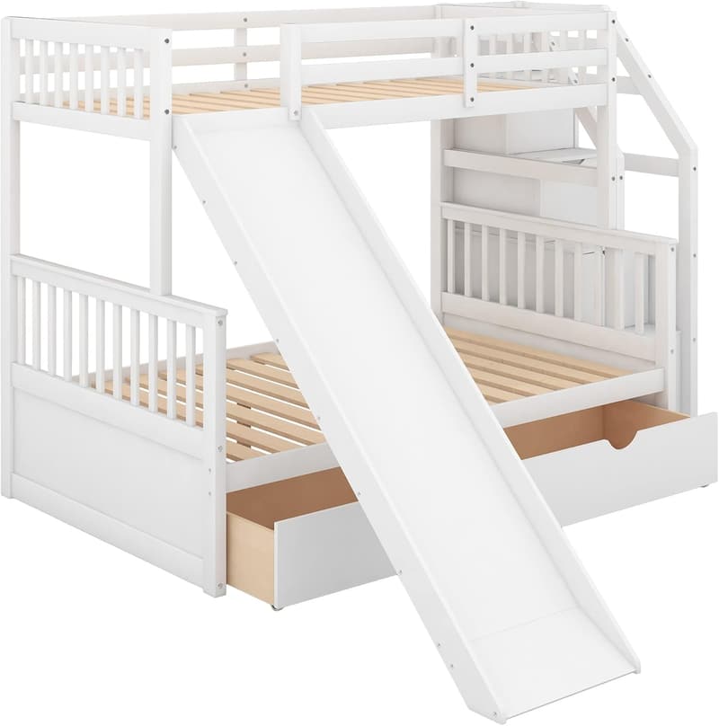 Solid Wood Twin Over Full Bunk Bed with Staircase & Slide