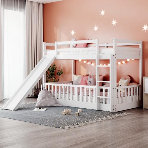 Low Twin Bunk Bed with Slide and Removable Fence for Kids