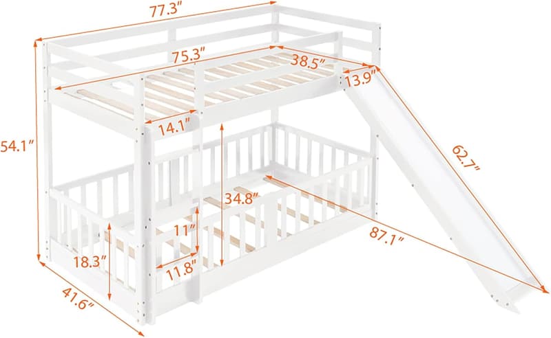 Low Twin Bunk Bed with Slide and Removable Fence for Kids
