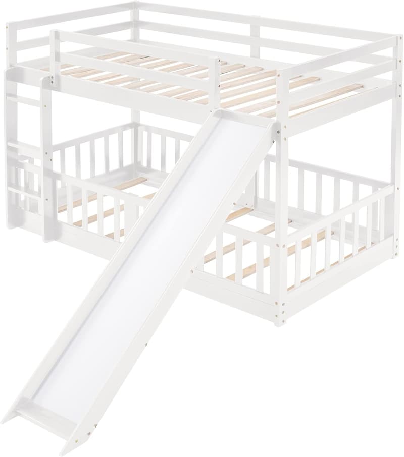 Low Twin Bunk Bed with Slide and Removable Fence for Kids