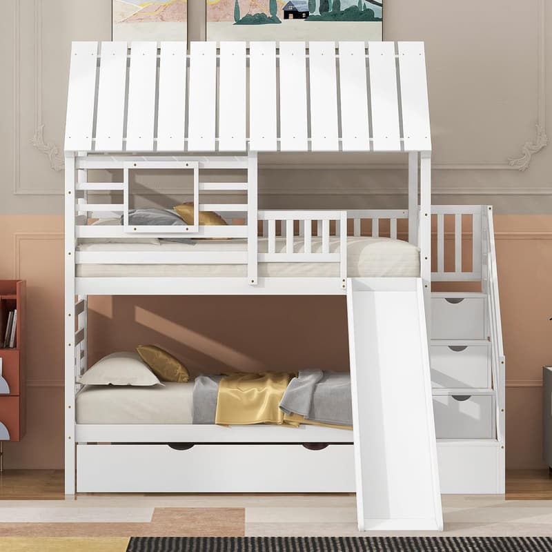 Kids' Solid Wood Twin Bunk Bed with Slide, Trundle, and Stairs