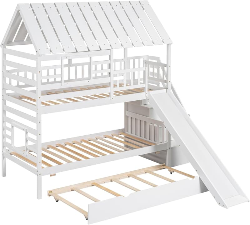 Kids' Solid Wood Twin Bunk Bed with Slide, Trundle, and Stairs