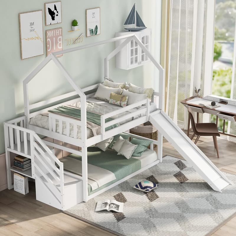 Twin Over Twin House Bunk Bed with Slide & Storage Staircase