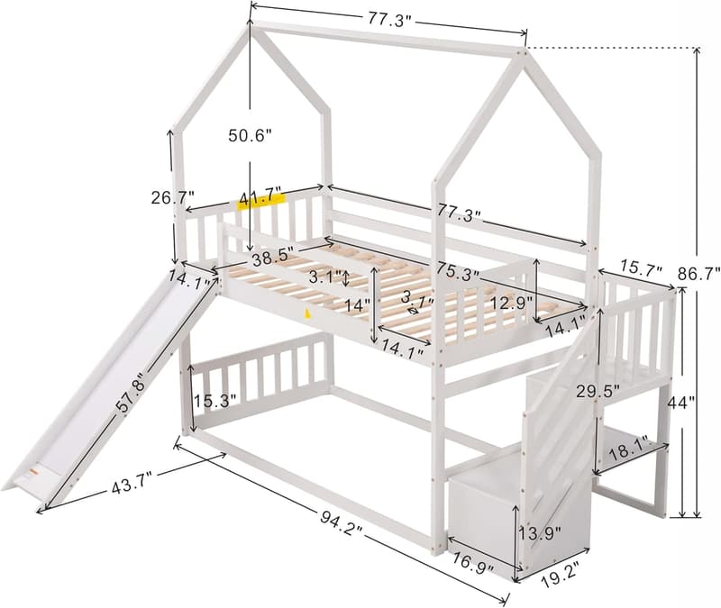 Twin Over Twin House Bunk Bed with Slide & Storage Staircase