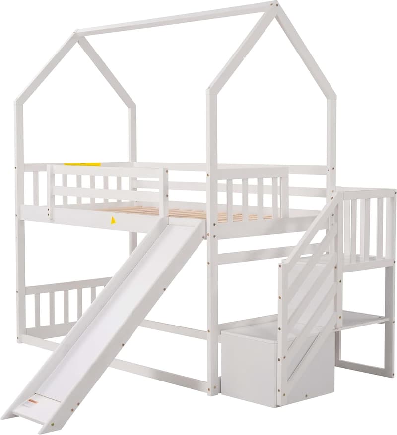 Twin Over Twin House Bunk Bed with Slide & Storage Staircase