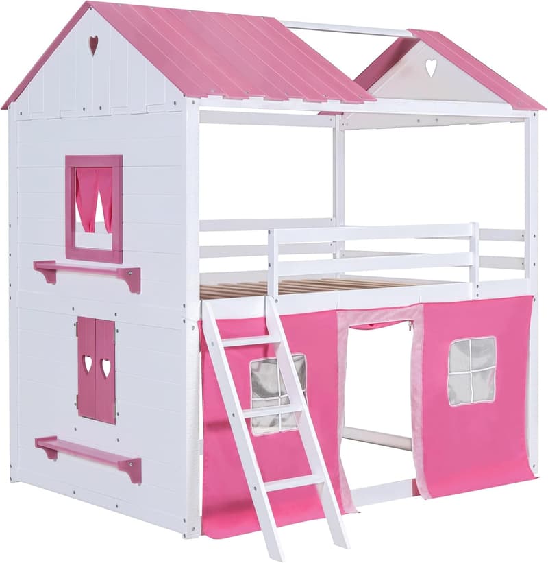 Castle Design Twin Bunk Bed with Guardrails & Tent - Pink/White
