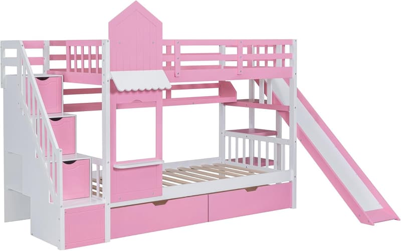 Castle Style Twin Over Twin Bunk Bed with Slide & Storage - Pink