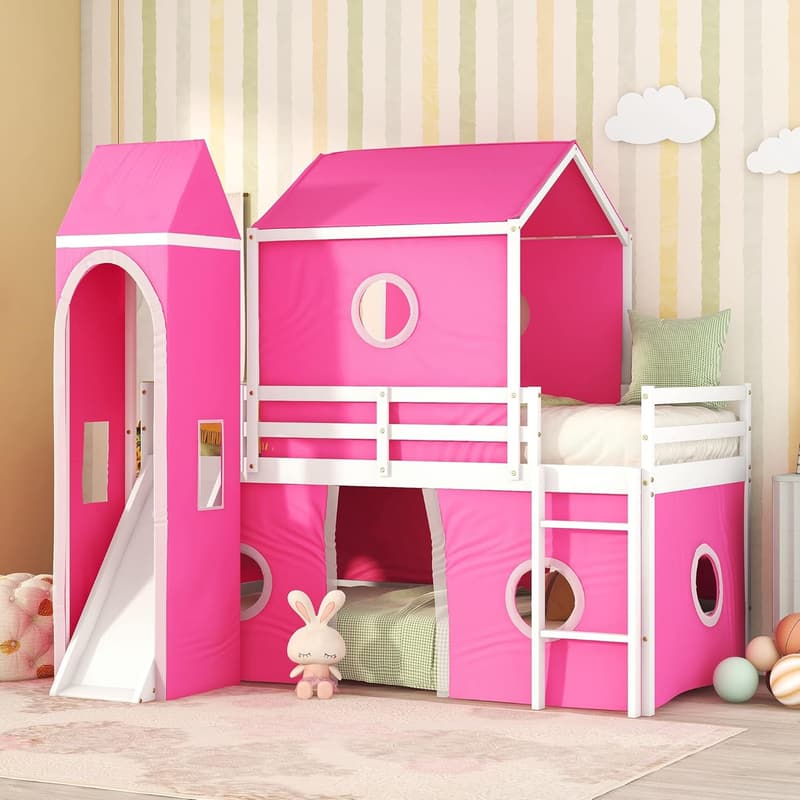 Twin Over Twin House Bunk Bed with Slide and Pink Tent