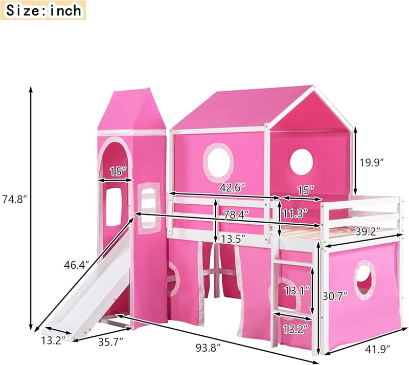 Twin Over Twin House Bunk Bed with Slide and Pink Tent