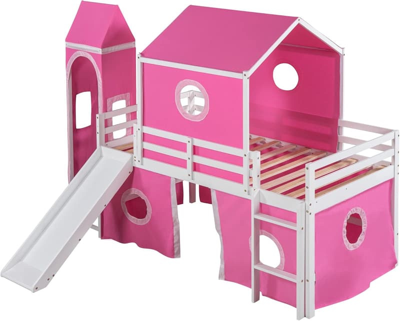 Twin Over Twin House Bunk Bed with Slide and Pink Tent