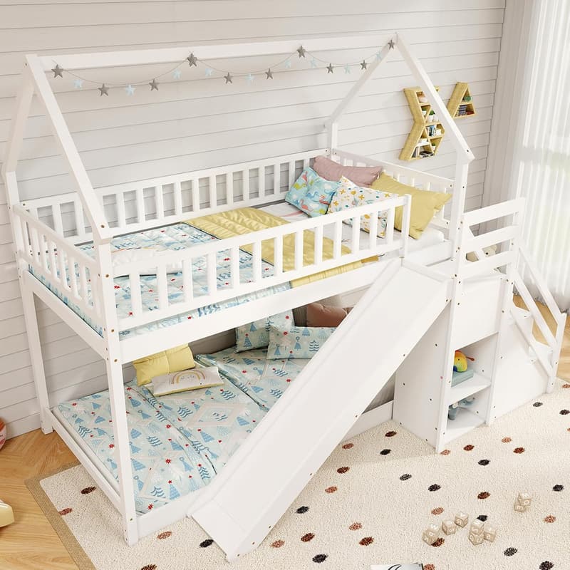 Twin Over Twin Bunk Bed with Slide & Storage for Kids