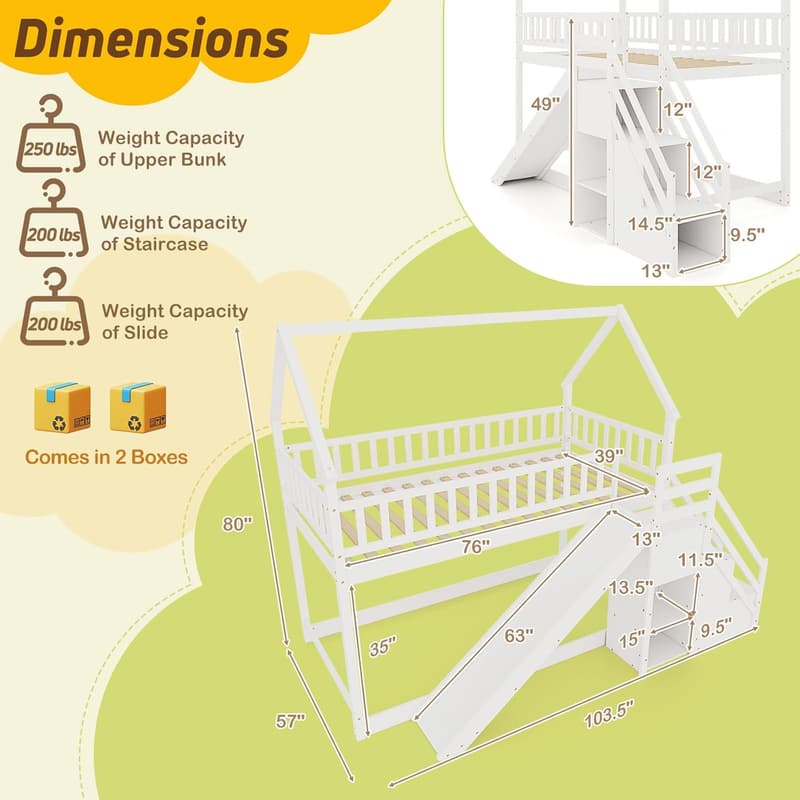 Twin Over Twin Bunk Bed with Slide & Storage for Kids