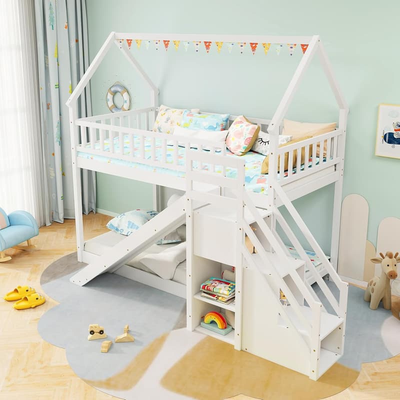 Twin Over Twin Bunk Bed with Slide & Storage for Kids