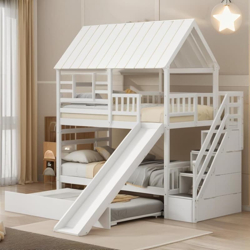 Twin Over Twin Bunk Bed with Slide and Storage Stairs, White