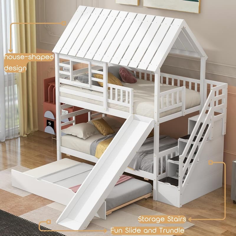 Twin Over Twin Bunk Bed with Slide and Storage Stairs, White