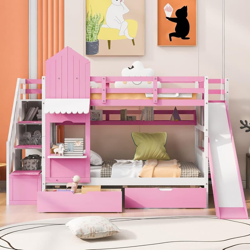 Castle Twin Bunk Bed with Slide & Storage for Kids (Pink)