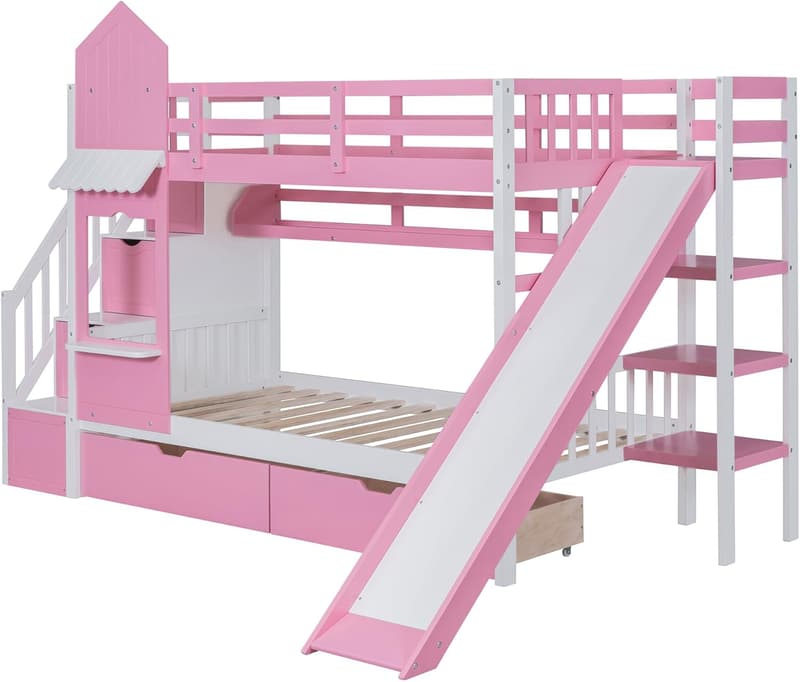 Twin Over Twin Solid Wood Bunk Bed with Stairs & Slide - Pink