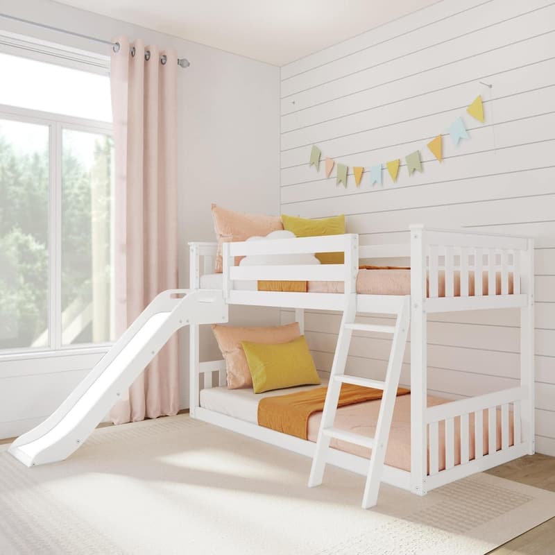 Kids' Twin Over Twin Low Bunk Bed with Slide & Safety Guardrail