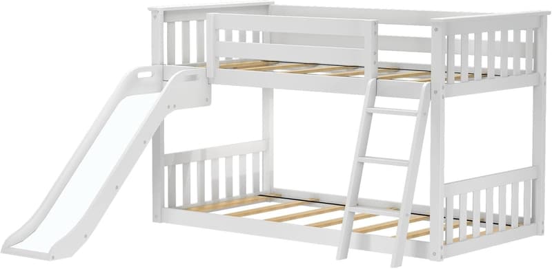 Kids' Twin Over Twin Low Bunk Bed with Slide & Safety Guardrail