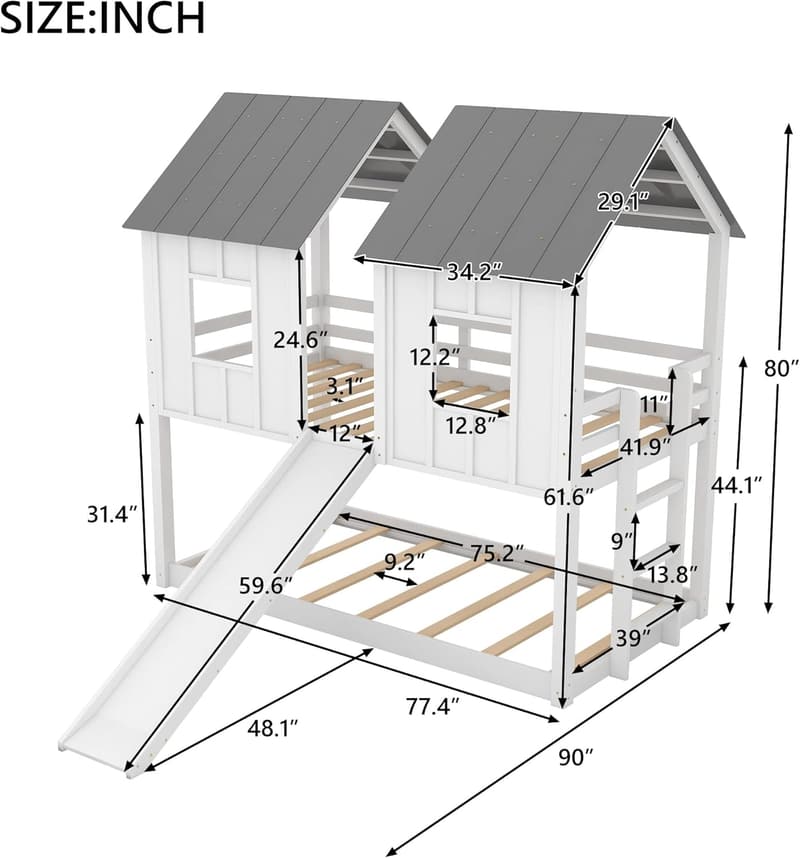 White House Twin-Over-Twin Bunk Bed with Slide and Guardrails