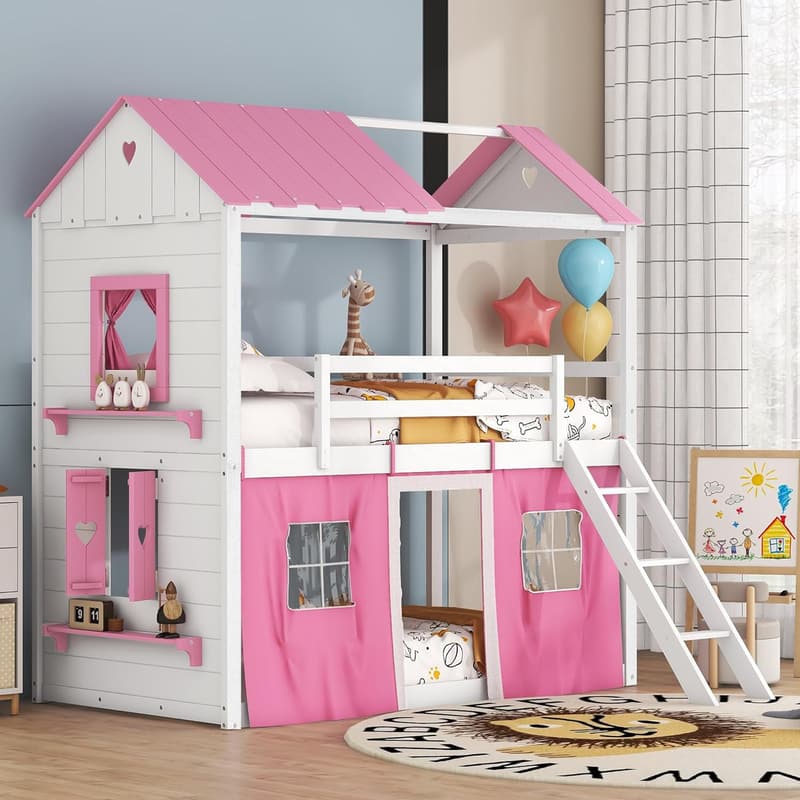 Castle Design Twin Bunk Bed with Guardrails & Tent - Pink/White